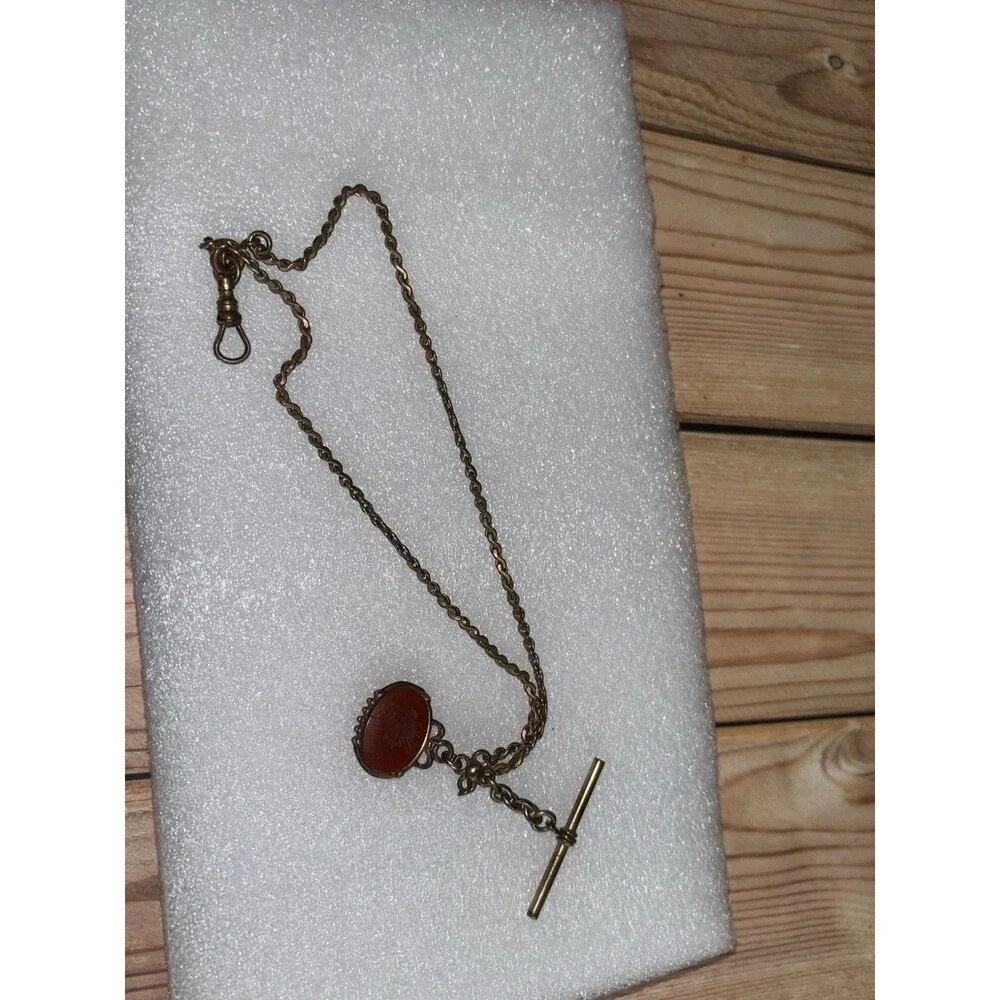 Antique Victorian Gold Filled Carnelian Intaglio Watch Fob Pendant Necklace 13+G